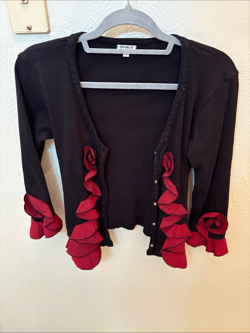 Cordelia Black Cardigan with Red Ruffle Trim